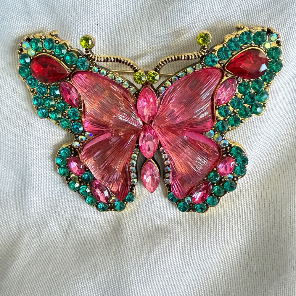 Vibrant Pink and Green Crystal Butterfly Brooch